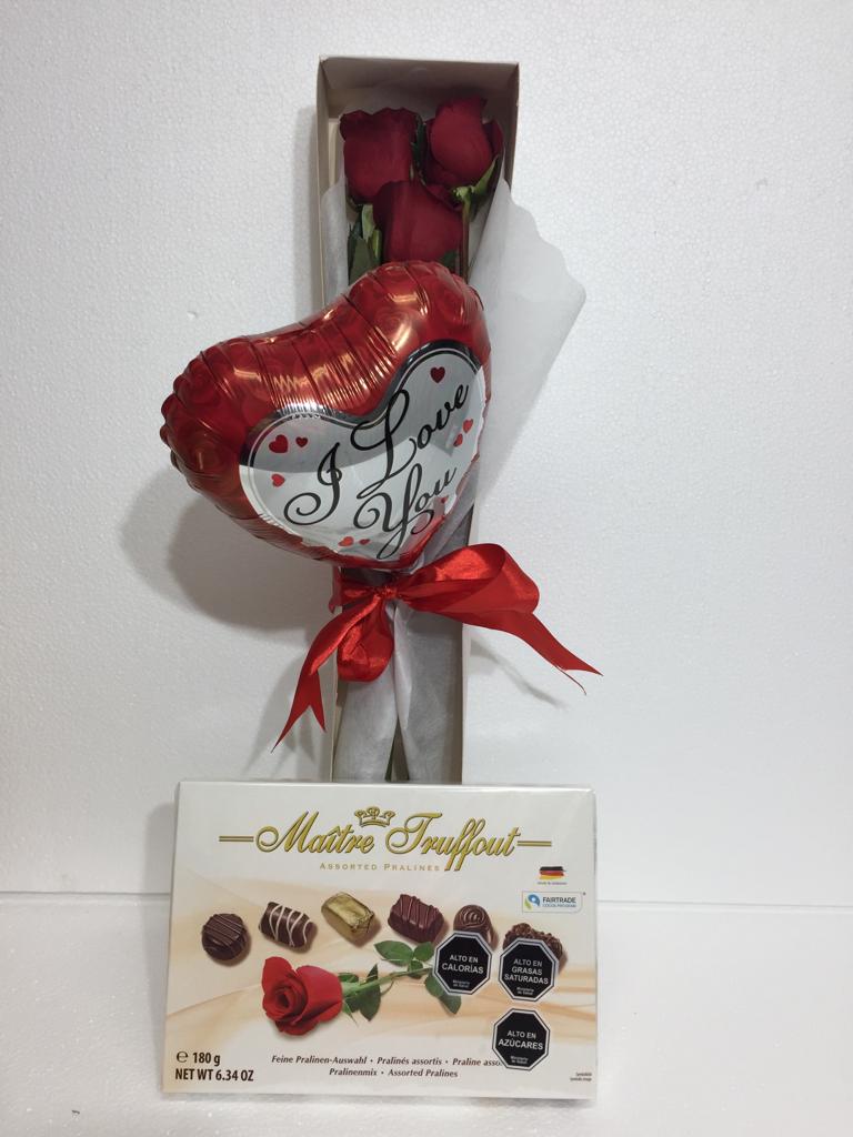 Caja con 3 Rosas m�s Bombones de 180 Grs y Globito